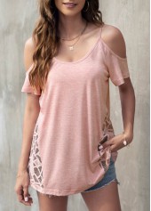 Cold Shoulder Lace Patchwork Light Pink T Shirt