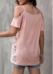 Cold Shoulder Lace Patchwork Light Pink T Shirt