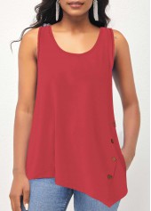 Asymmetric Hem Decorative Button Coral Red Tank Top