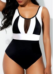 Mesh Stitching Monochrome Color Block One Piece Swimwear