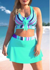 Plus Size Striped Ombre Cross Strap Cyan Bikini Set