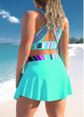 Plus Size Striped Ombre Cross Strap Cyan Bikini Set