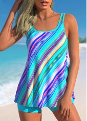 Double Straps Stripe Print Cyan Tankini Set