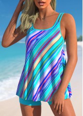 Double Straps Stripe Print Cyan Tankini Set