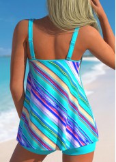 Double Straps Stripe Print Cyan Tankini Set