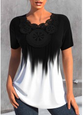Ombre Lace Stitching Short Sleeve Black T Shirt