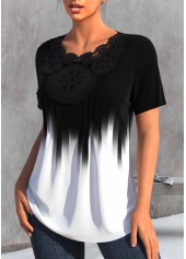 Ombre Lace Stitching Short Sleeve Black T Shirt