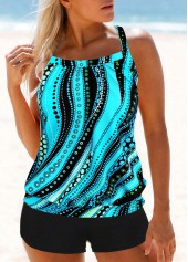 Striped Polka Dot Cross Strap Cyan Tankini Set