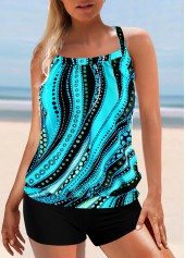 Striped Polka Dot Cross Strap Cyan Tankini Set