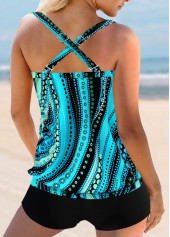 Striped Polka Dot Cross Strap Cyan Tankini Set