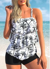 White Coconut Print Layered Hem Tankini Top-No Bottom