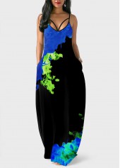Blue Spaghetti Strap Double Side Pockets Printed Dress