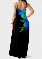 Blue Spaghetti Strap Double Side Pockets Printed Dress