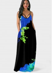 Blue Spaghetti Strap Double Side Pockets Printed Dress