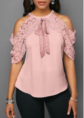 Bowknot Lace Stitching Cold Shoulder Pink Blouse