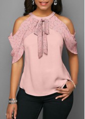 Bowknot Lace Stitching Cold Shoulder Pink Blouse