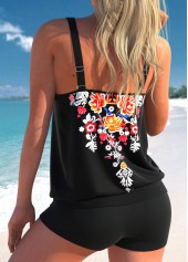 Floral Print Cross Strap Black Tankini Top-No Bottom