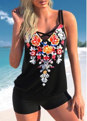 Floral Print Cross Strap Black Tankini Top-No Bottom