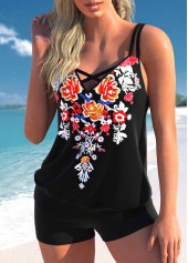 Floral Print Cross Strap Black Tankini Top-No Bottom