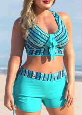 Striped Tribal Print Cyan Plus Size Bikini Set