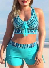 Striped Tribal Print Cyan Plus Size Bikini Set