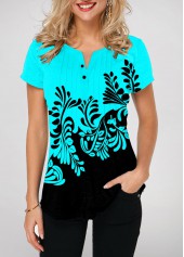 Cyan Split Neck Printed Contrast T Shirt