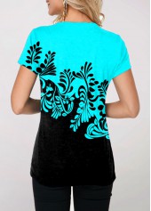 Cyan Split Neck Printed Contrast T Shirt