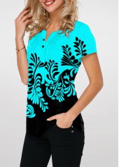 Cyan Split Neck Printed Contrast T Shirt
