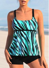 Cyan Striped Wide Strap Tankini Set