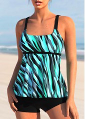 Cyan Striped Wide Strap Tankini Set