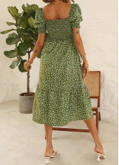 Puff Sleeve Smocked Printed Green Dress