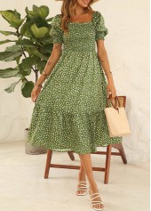 Puff Sleeve Smocked Printed Green Dress