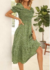 Puff Sleeve Smocked Printed Green Dress