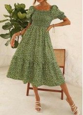 Puff Sleeve Smocked Printed Green Dress