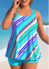 Plus Size Striped Cyan Double Straps Tankini Set