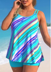 Plus Size Striped Cyan Double Straps Tankini Set