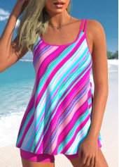 Hot Pink Double Straps Stripe Print Tankini Set