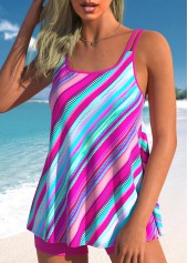 Hot Pink Double Straps Stripe Print Tankini Set