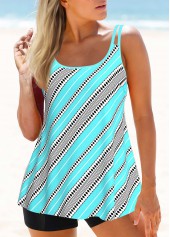 Cyan Double Straps Asymmetric Stripe Print Swimdress Set
