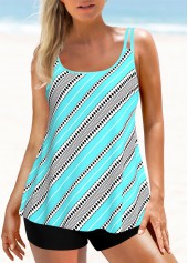 Cyan Double Straps Asymmetric Stripe Print Swimdress Set