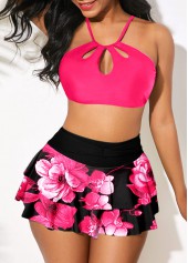 Floral Print Cutout Rose Red High Waisted Bikini Set