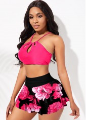 Floral Print Cutout Rose Red High Waisted Bikini Set