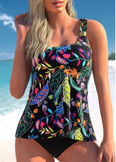 Black Wide Strap Floral Print Tankini Top-No Bottom