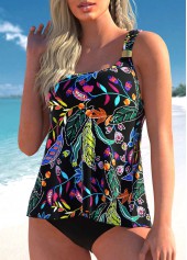 Black Wide Strap Floral Print Tankini Top-No Bottom