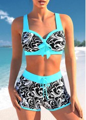 Cyan Contrast Stitch Floral Print Bikini Set