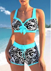 Cyan Contrast Stitch Floral Print Bikini Set