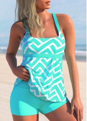 Cyan Geometric Print Wide Strap Tankini Set