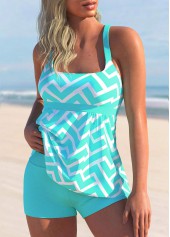 Cyan Geometric Print Wide Strap Tankini Set
