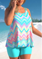 Chevron Print Double Straps Plus Size Cyan Tankini Set