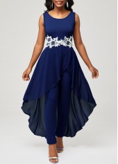 Lace Stitching Faux Two Piece Navy Blue Jumpsuit